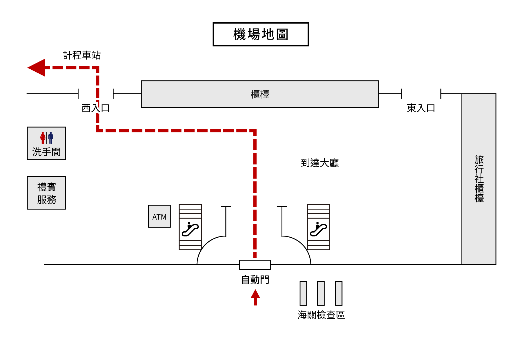 從到達大廳到計程車乘車處的機場案內圖。
