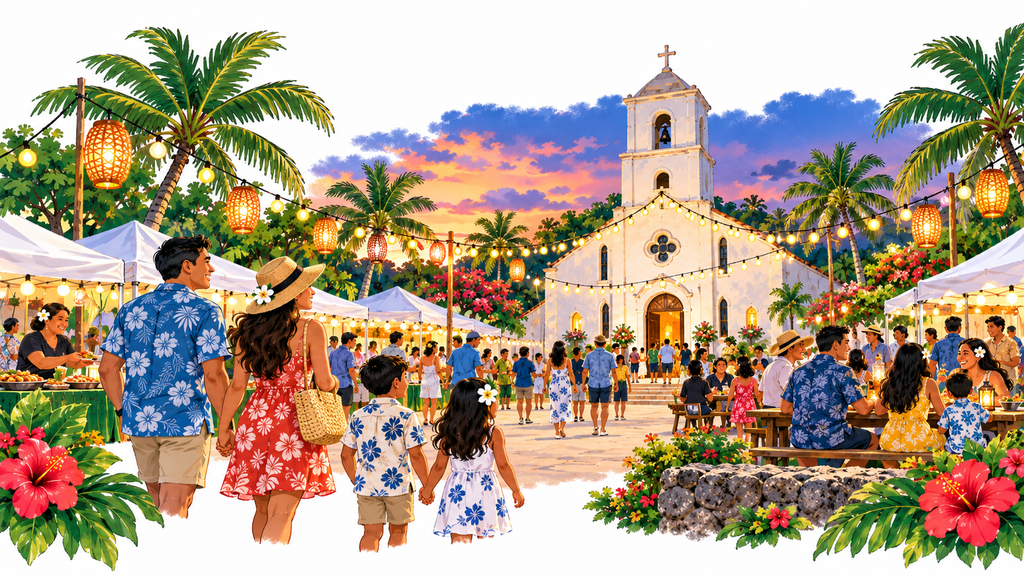 A village church exterior, or a fiesta procession