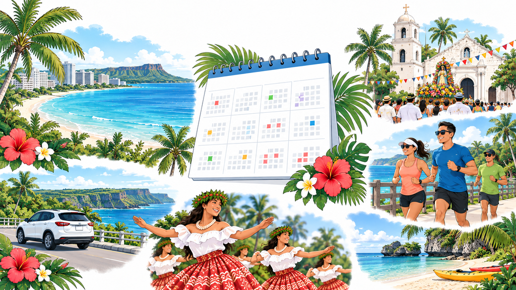 Hero illustration combining an annual calendar, Guam coastline, fiestas and cultural events