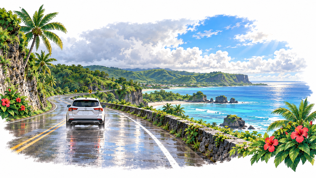 A rain-slicked road or an overcast Guam landscape