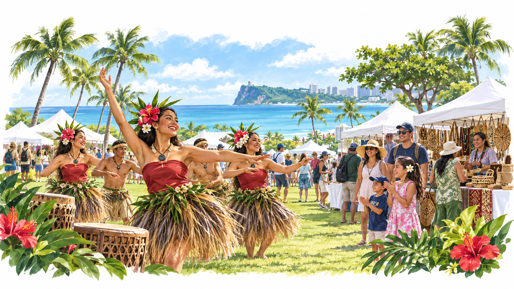 Illustration of Micronesian culture and traditional dance inspired by the Guam Micronesia Island Fair