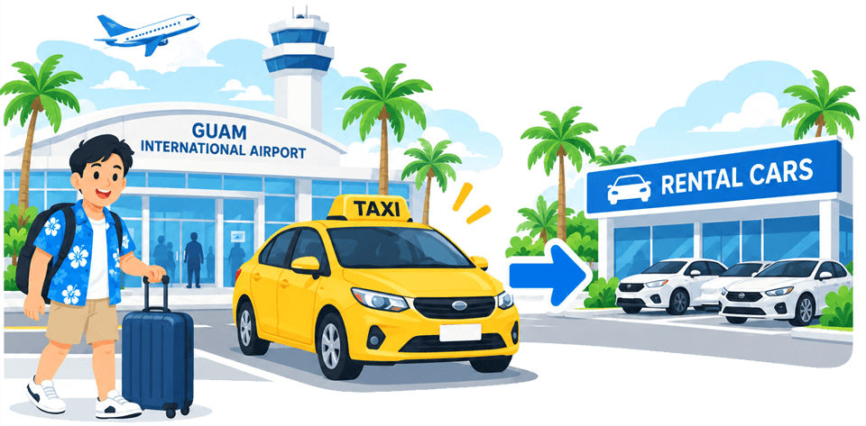 I've landed at Guam Airport. How do I get to the rental office?
