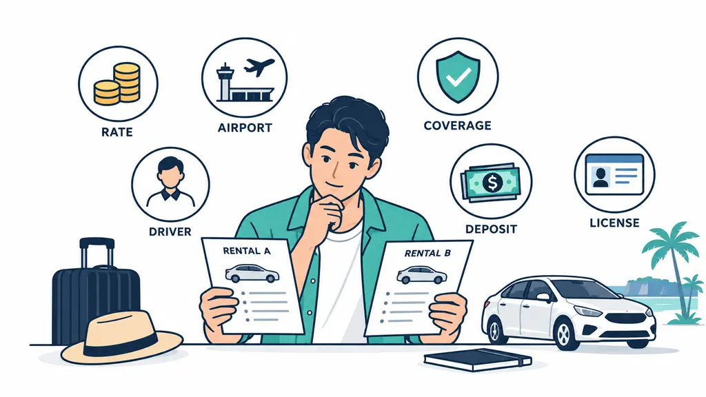 Checklist for comparing Guam rental car rates, airport access and coverage