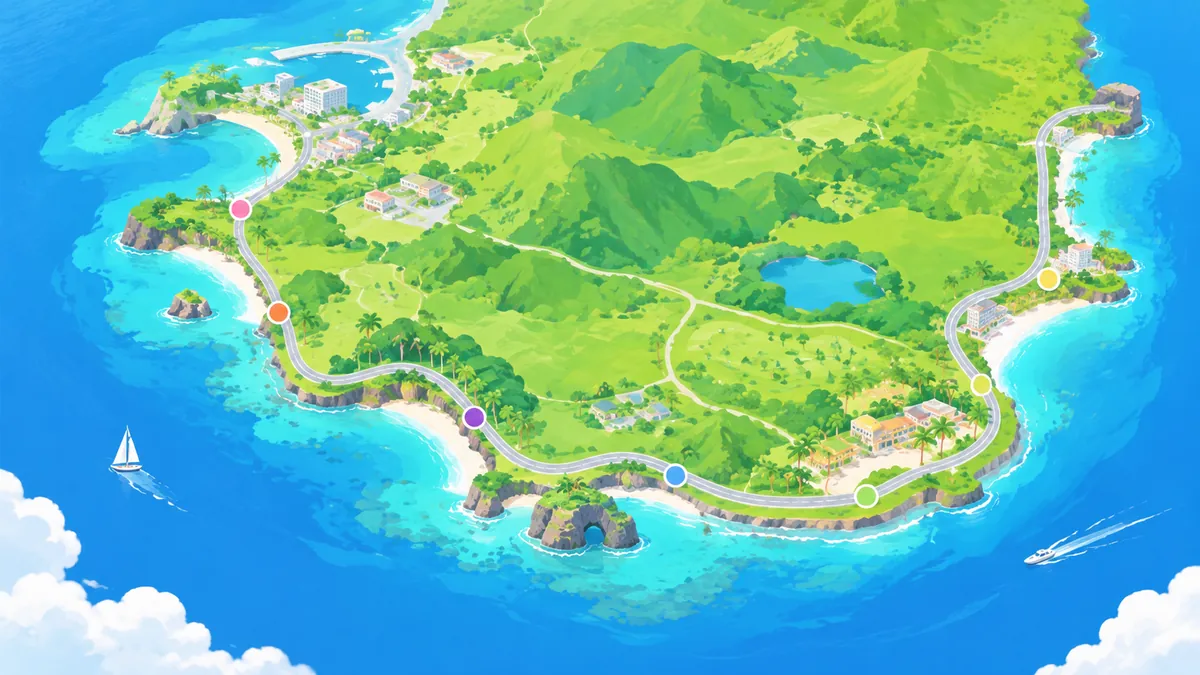 Illustrated map-style view of a coastal loop road around the southern part of an island