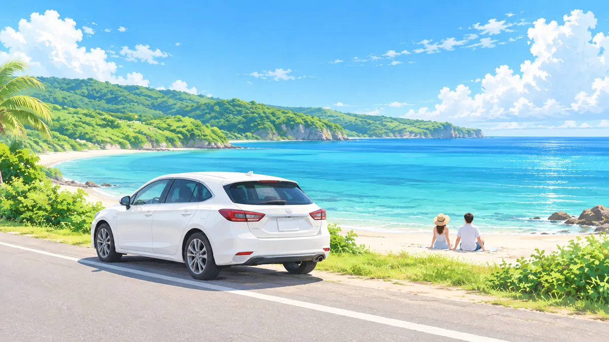 Illustration of a parked car and two travelers resting by a quiet cove