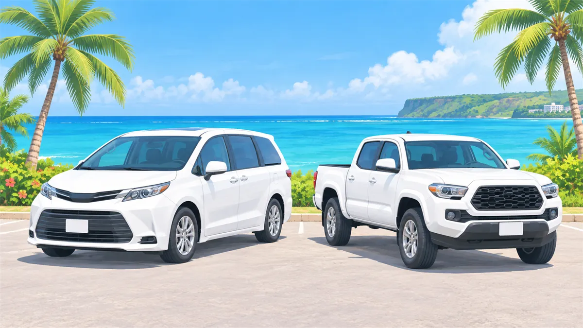 A white minivan and a white pickup truck parked side by side by the ocean in Guam