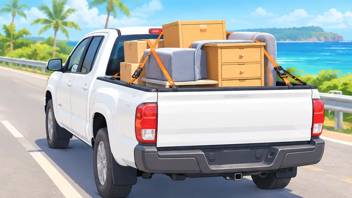 Illustration of moving boxes and a small dresser strapped into the bed of a pickup truck