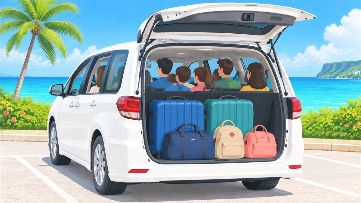 Illustration of a family seated in a three-row minivan with two large suitcases and three small bags in the back